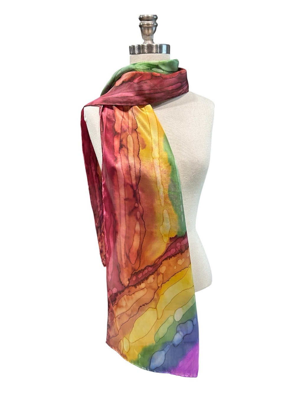 Hand Painted Red, Orange, Yellow, Green, Blue, Purple Silk Scarf NWT